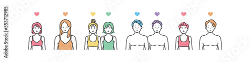 下着姿の多様な性自認(LGBTQ)を持つ人々のイラスト