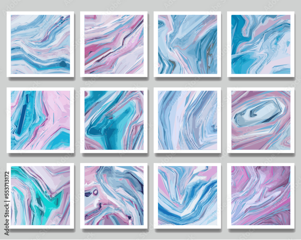 Blue and pink waves abstract background set. Fluid splash, swirl, marble.