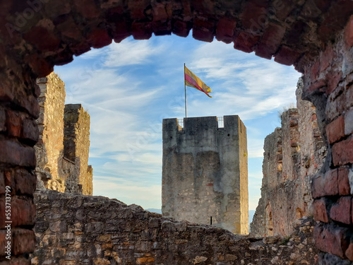 Roetteln castle ruins with a flag on the tower. Binzen, Germany, Europe photo