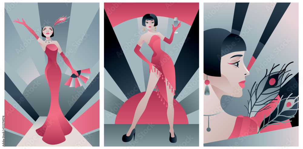 collection of illustrations of women in art deco style