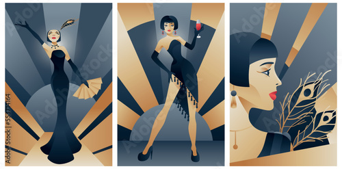 collection of illustrations of women in art deco style, blue-black and gold colours
