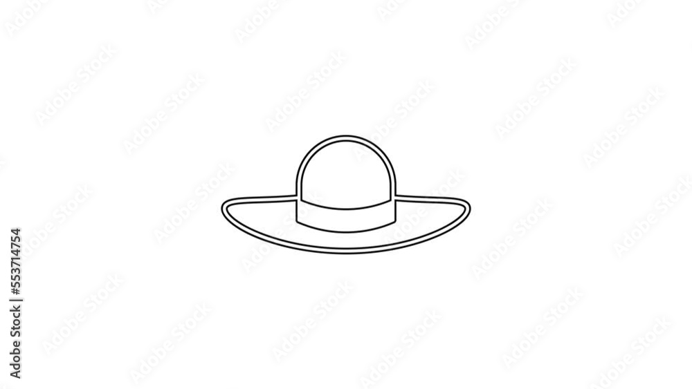Black line Elegant women hat icon isolated on white background. 4K Video motion graphic animation Black line Elegant women hat icon isolated on white background. 4K Video motion graphic animation
