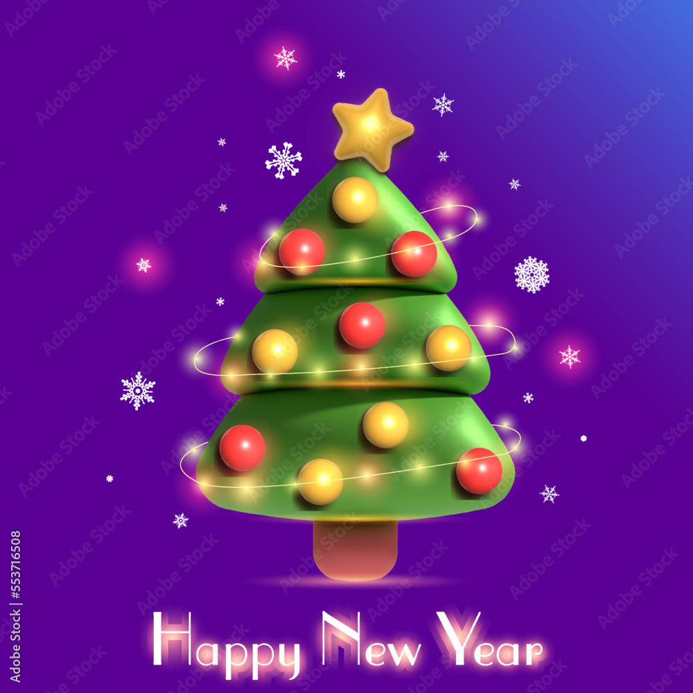 2023 happy new year, christmas card with christmas tree, christmas decorations and garland 