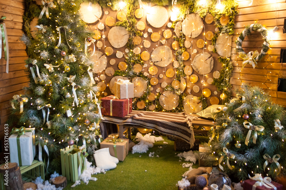 Cozy rustic interior with Christmas tree