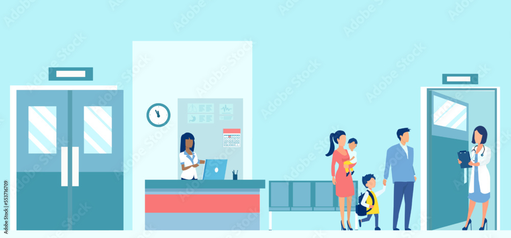 Vector of a family with two kids visiting a hospital for consultation