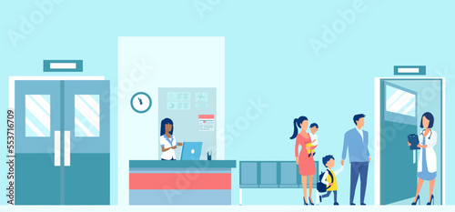 Vector of a family with two kids visiting a hospital for consultation