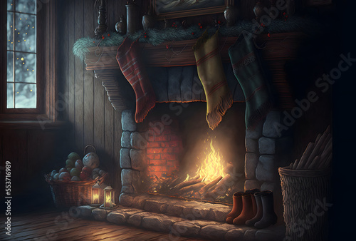 A cozy fireplace with stockings hanging above, Generative AI