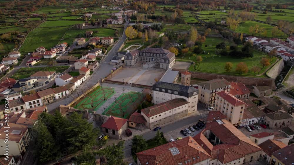 Palace of the Dukes of Alba Located In Piedrahita at sunset time. Aerial Dolly Forward Palace of the Dukes of Alba Located In Piedrahita at sunset time. Aerial Dolly Forward