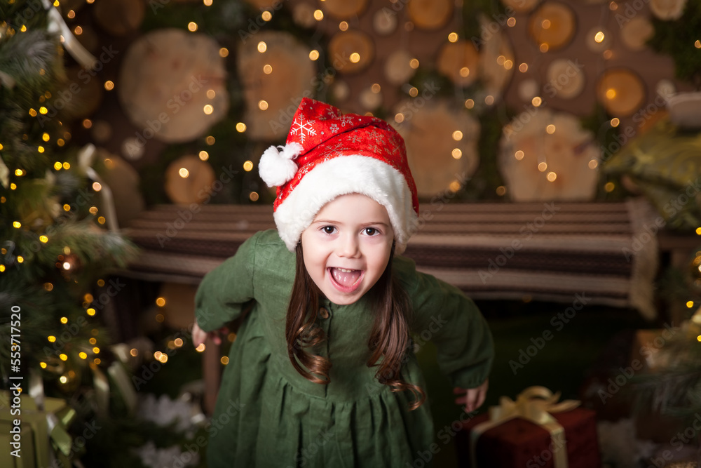 Funny girl in a cozy room with Christmas interior in Farmhouse style