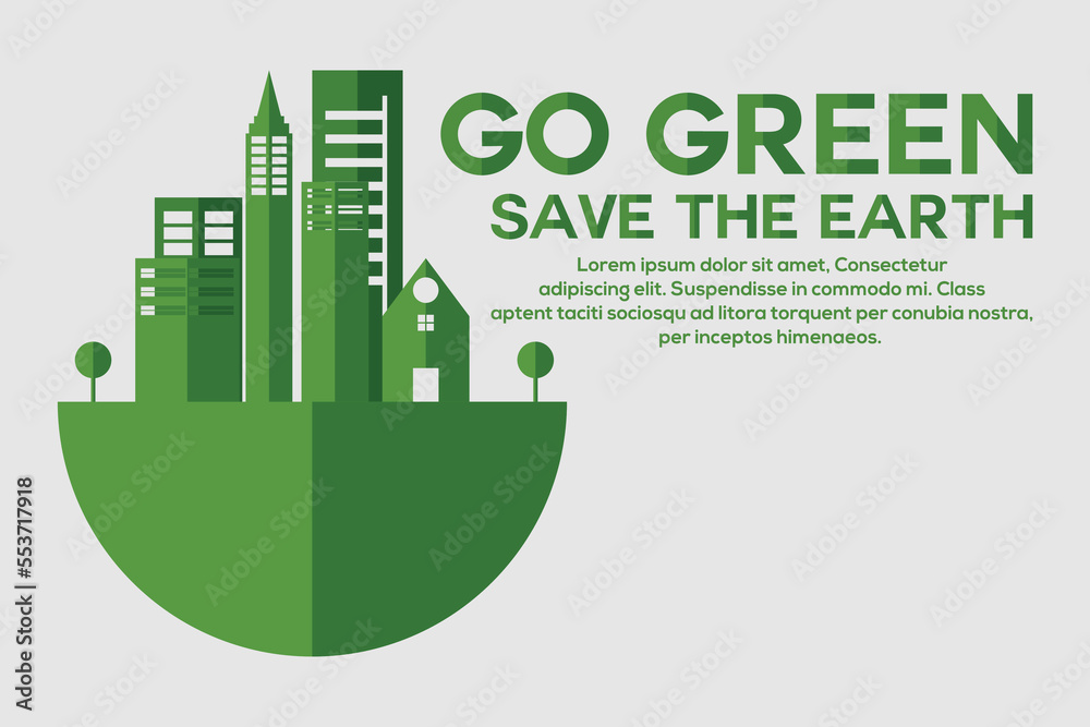 World environmet day, flat style go green and save the world with cities, hands, and plants environmental campaign illustration for banner and social media post