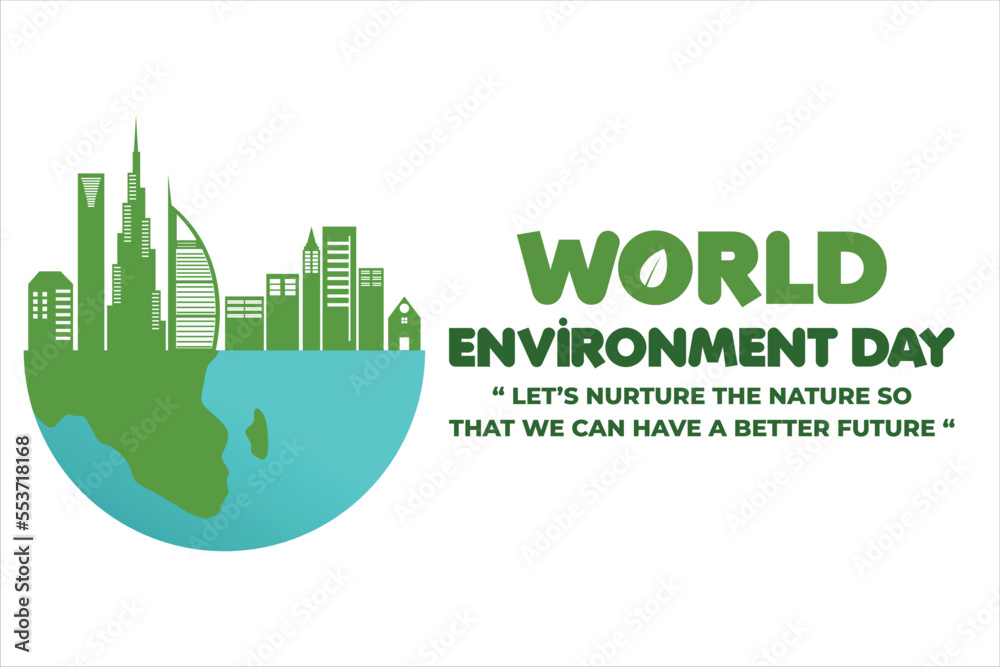 Fototapeta premium World environmet day, flat style go green and save the world with cities, hands, and plants environmental campaign illustration for banner and social media post