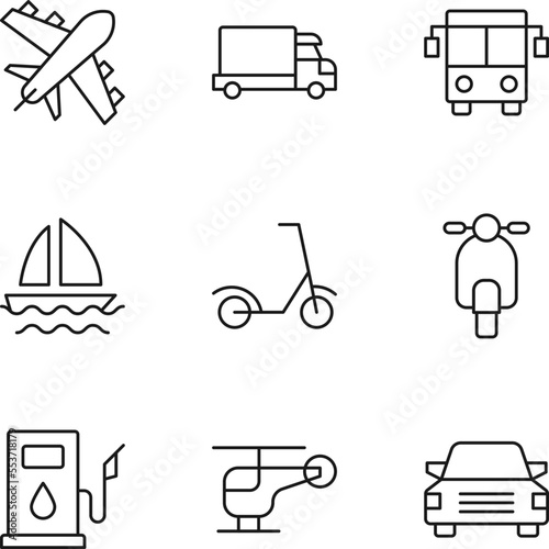 Collection of nine line icons of plain, truck, bus, sails ship, scooter, gas station, helicopter, for shops, stores, adverts, apps, ui. Minimalistic editable strokes