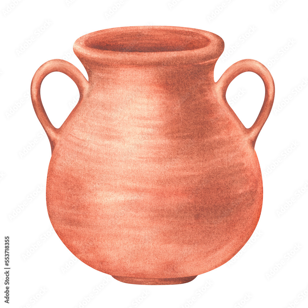 Amphora. Jug with two handles. Watercolor illustration.Ceramics, earthenware, pottery. Isolated on a white background.For design packaging of dairy products, kitchen products, rustic prints and so on