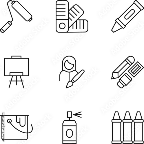 Collection of nine line icons of paint roller, dye roller, pen, easel, bucket, spray for shops, stores, adverts, apps, ui. Minimalistic editable strokes