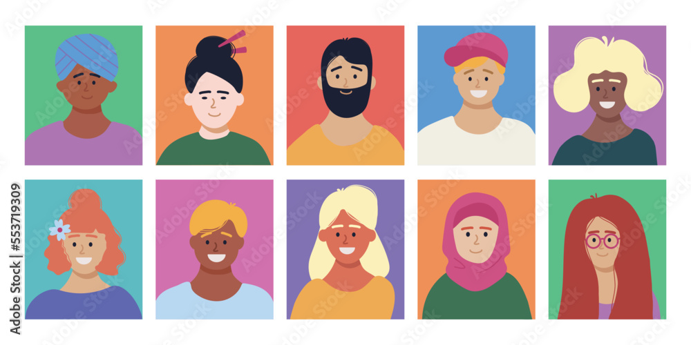 Set of happy people avatars, characters in colored squares. Men and women of different cultures and nationalities. Social diversity. Flat vector illustration.