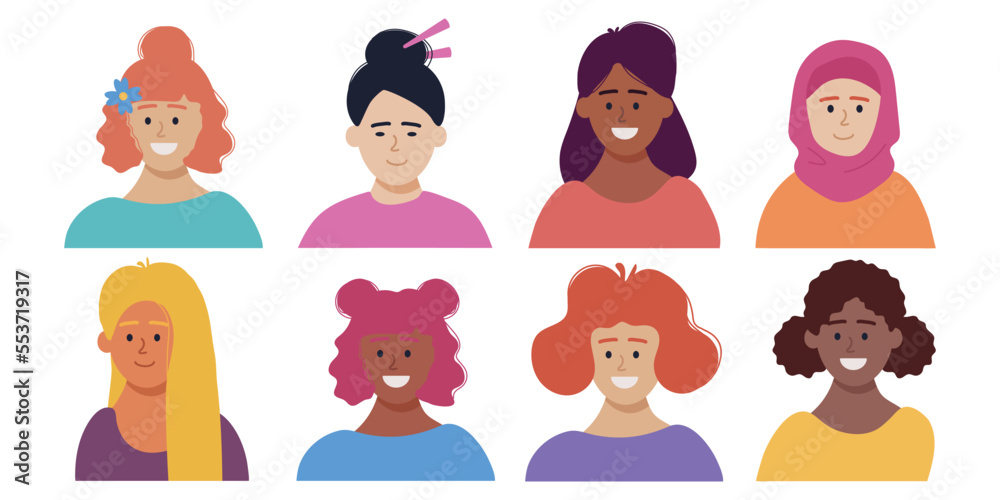 Set of avatars of happy women, girls of different cultures and nationalities. social diversity. Flat vector illustration. Set of avatars of happy women, girls of different cultures and nationalities. social diversity. Flat vector illustration.