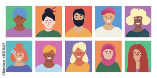 Fototapeta Naklejka Na Ścianę i Meble -  Set of happy people avatars, characters in colored squares. Men and women of different cultures and nationalities. Social diversity. Flat vector illustration.