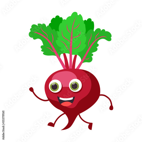 Happy fresh beets, vegetable cartoon character vector illustration. Cute veggies with faces, hands and legs isolated on white background