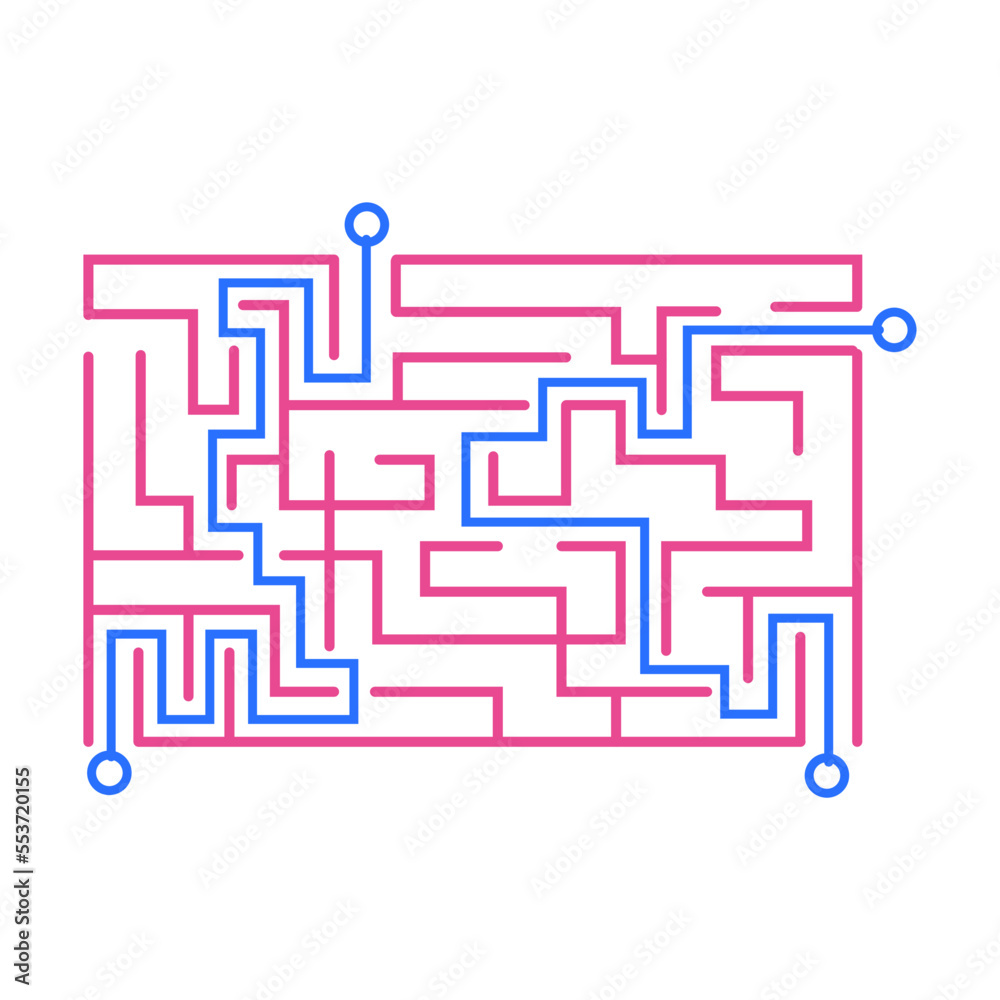 Rectangular maze game with direction of right path. Vector illustration of labyrinth, abstract maze map isolated on white background Rectangular maze game with direction of right path. Vector illustration of labyrinth, abstract maze map isolated on white background