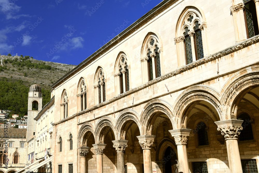Rector's palace porch and vaulted arcade with Renaissance styled individualized column capitals in the old town of Dubrovnik, Croatia