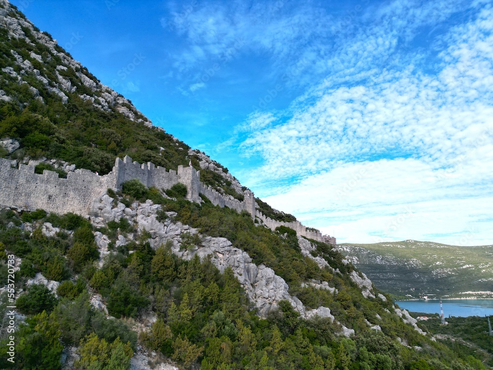 Fototapeta premium Ston Croatia walled town drone aerial view.
