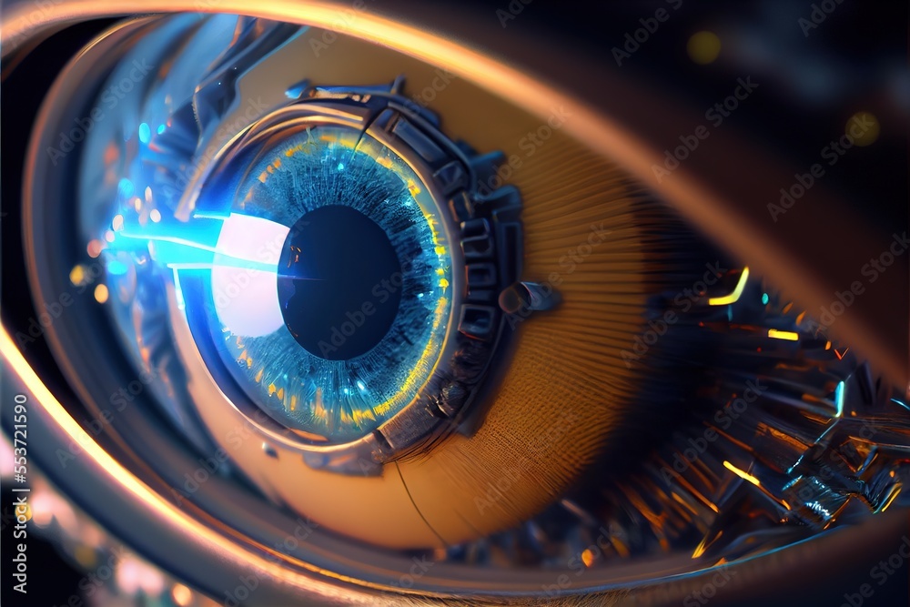 A cyber eye with mechanical details in close-up. A cybernetic eye with