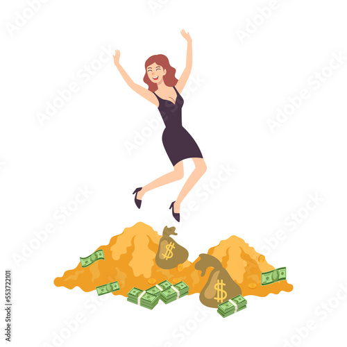 Rich people with mountain of money cartoon illustration. Woman character. Billionaire or millionaire isolated on white background