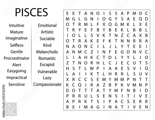 Fun Birthday Word Search Puzzle Game - Zodiac Sign Pisces Traits
