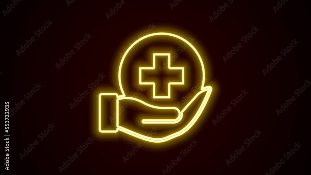 Glowing neon line Life insurance icon isolated on black background. Security, safety, protection, protect concept. 4K Video motion graphic animation