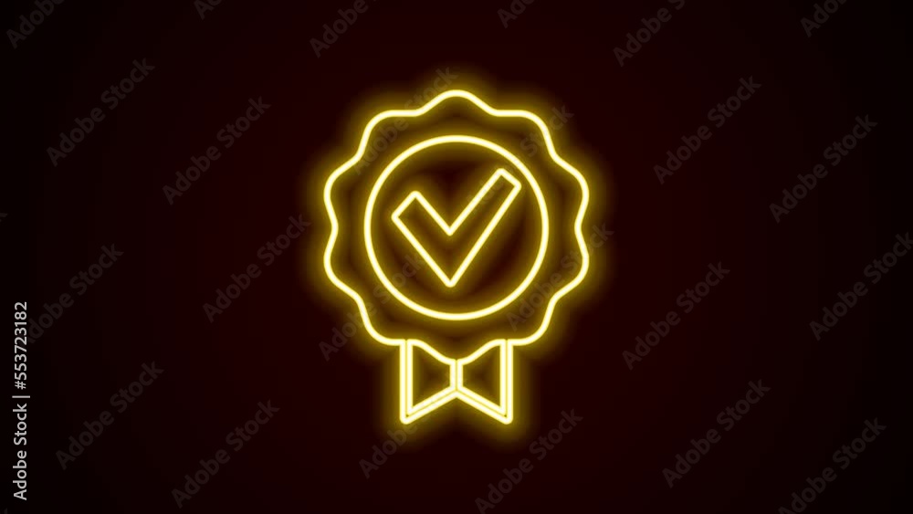 Glowing neon line Approved or certified medal and check mark icon isolated on black background. 4K Video motion graphic animation Glowing neon line Approved or certified medal and check mark icon isolated on black background. 4K Video motion graphic animation