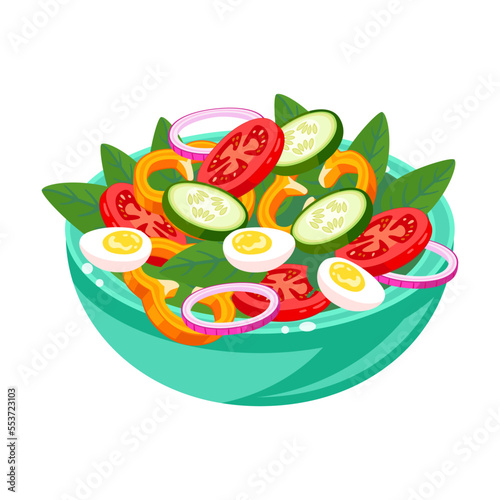 Healthy plate with vegetable salad, vector illustration. Plates and bowls with healthy food, fruit, vegetables isolated on white background