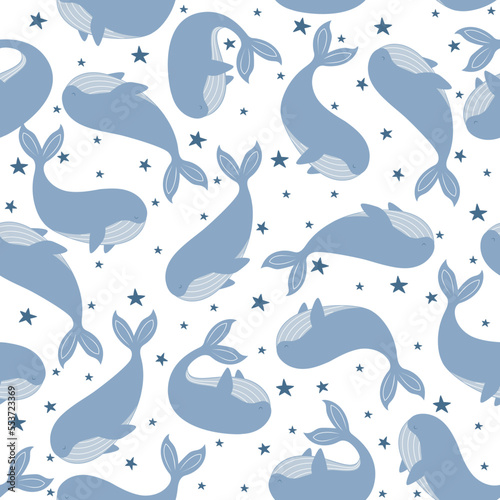 Seamless pattern with cute blue whale and stars