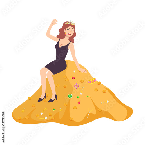 Rich woman with mountain of money cartoon illustration. Woman character. Billionaire or millionaire isolated on white background