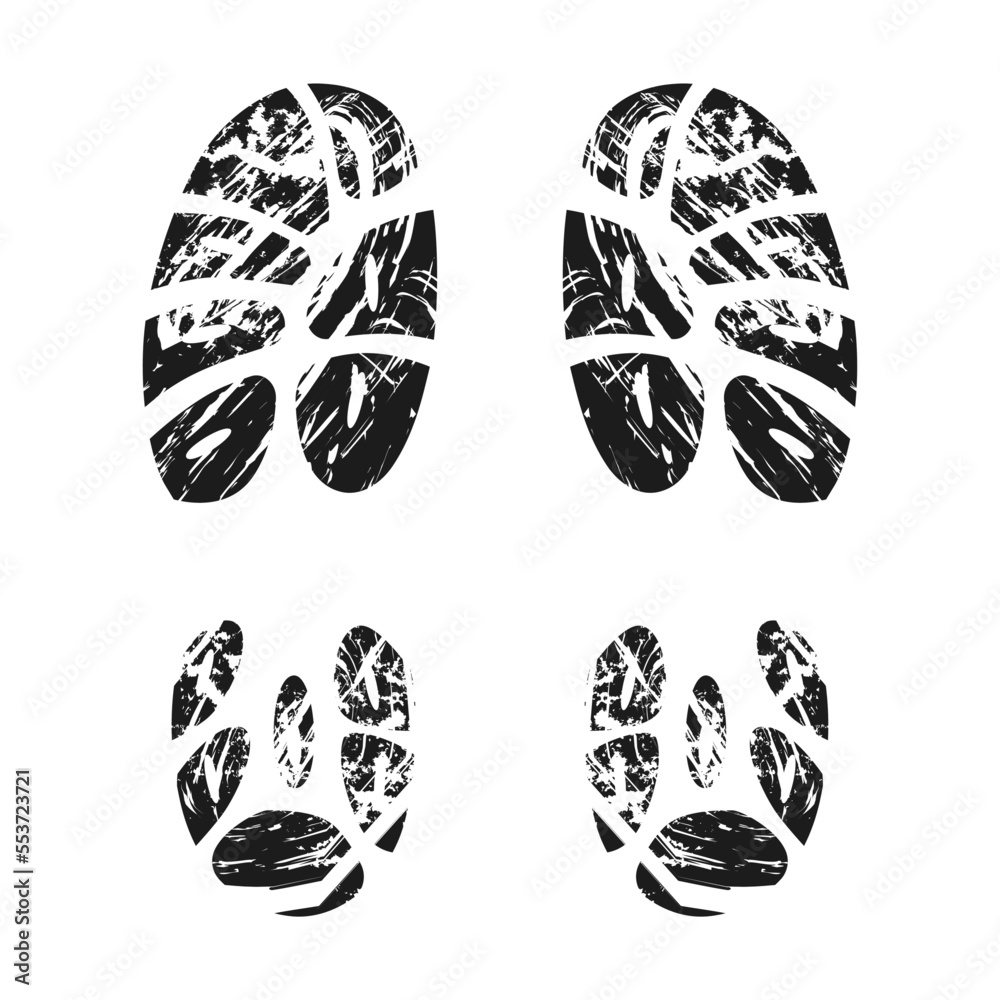 Silhouette of footprint vector illustration. Imprint of boots and sneakers isolated on white background Silhouette of footprint vector illustration. Imprint of boots and sneakers isolated on white background