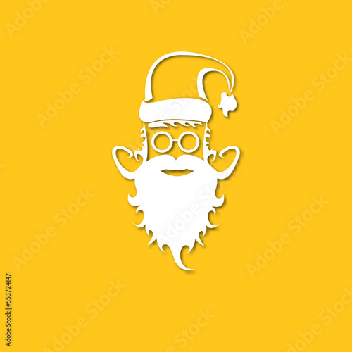 Vector white silhouette of Santa Claus with shadow isolated on orange background. Santa Claus icon, print, badge and label design template. Funky christmas old man character with beard and mustache