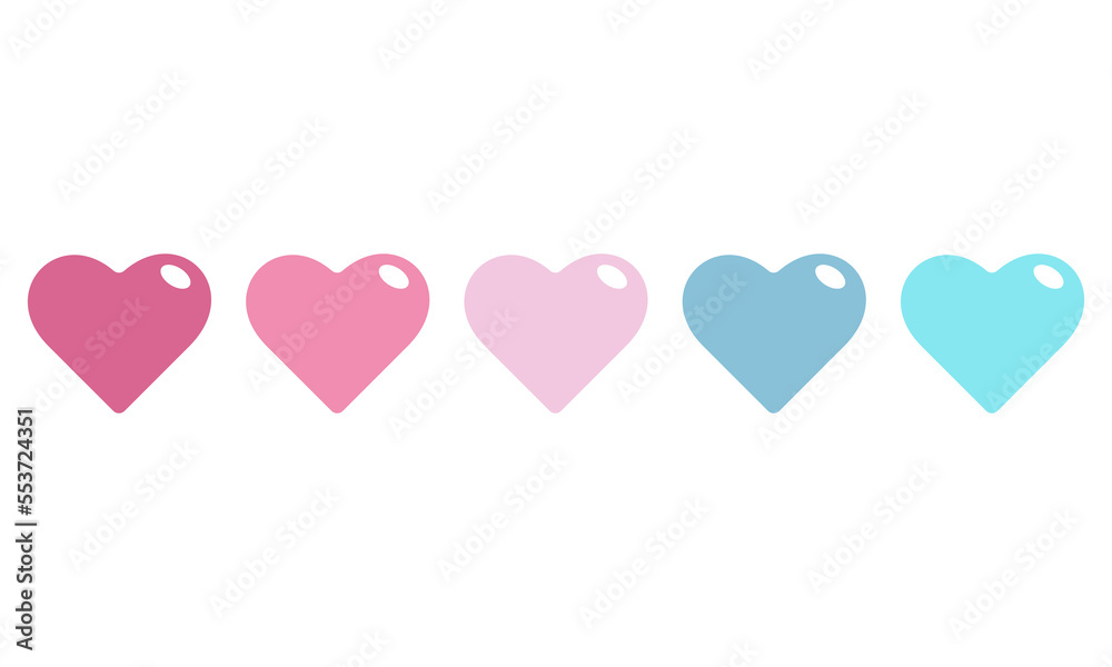 Five colorful hearts on a white background