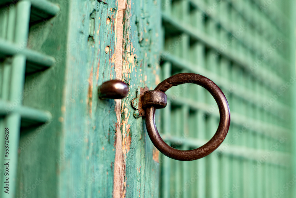 Rusty Doorknob on Green Door with Traditional Korean Patterns