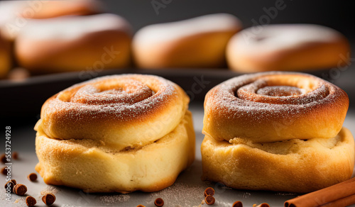 advertising professional food photography close up of a pile of cinnamon rolls - AI Generated