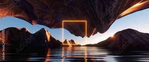 Fotografija 3d render, neon square frame glowing over the futuristic landscape with cliffs and water, sunset or sunrise