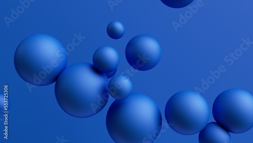 3d rendering, abstract geometric wallpaper. Assorted balls isolated on blue background. Bubbles and balloons. Simple round shapes