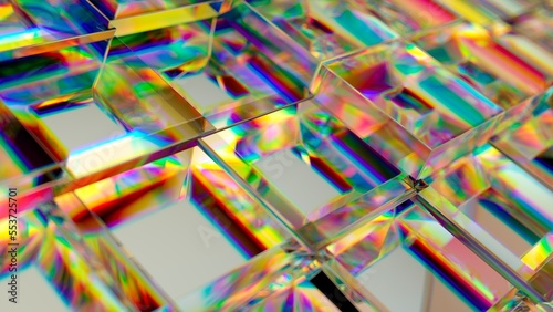 3d render, abstract background with colorful crystal glass texture, square grid