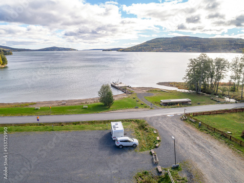 aerial view of mountain and the sea at skuleberget campsite caravan camping in Hoga Kusten Sweden photo