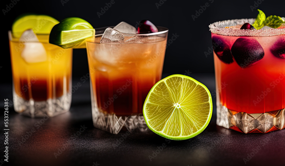 professional food photography close up of an Exotic cocktails in a dark interior  - AI Generated