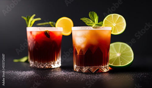 professional food photography close up of an Exotic cocktails in a dark interior  - AI Generated