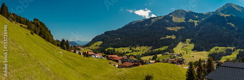 High resolution stitched panorama at the famous Zafernalift, Kleinwalsertal valley, Mittelberg, Vorarlberg, Austria
