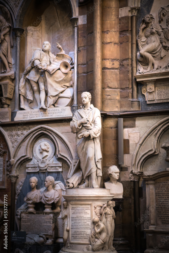  Poet's corner of Westminster Abbey, where high numbers of poets, play writers were berried. London, UK