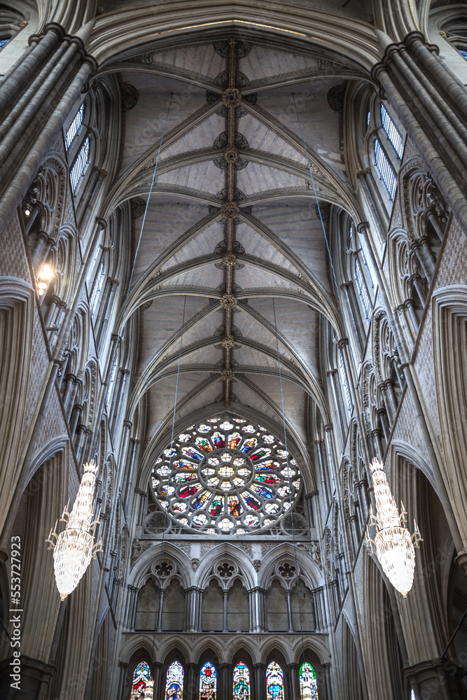 London, UK. North Transept view and Rose Window of the Collegiate Church of Saint Peter at Westminster