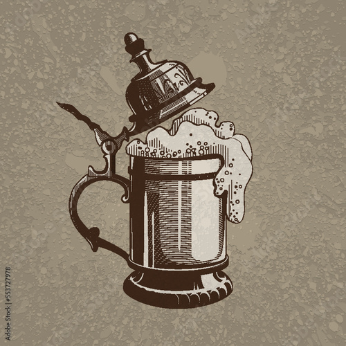 Brown artistic hand drawn beer metal mug with cap on beige dirty grunge splats background. RGB EPS 10 vector illustration
