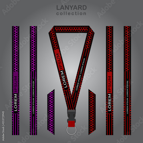 Black purple and black red technology lanyard templates set. which is combined with a hexagon background