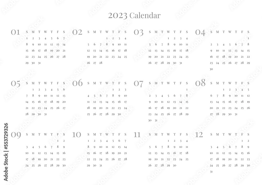 This is a simple style annual planner with a year 12 month calendar for 2023. Note, scheduler, diary, calendar planner document template illustration. This is a simple style annual planner with a year 12 month calendar for 2023. Note, scheduler, diary, calendar planner document template illustration.